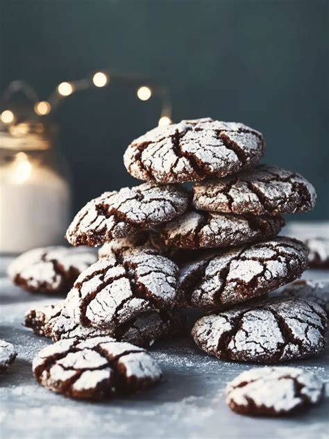 Schokoladige Crinkle Cookies, angerichtet auf einer Gebäckplatte