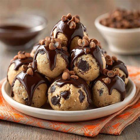 Schokostücke und Cookie Dough Bällchen auf einem Teller
