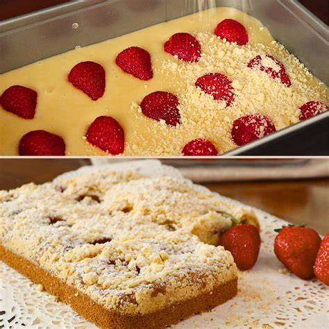 Schritt-für-Schritt: Eier schlagen, Teig glätten, Erdbeeren belegen