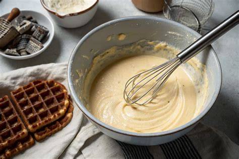 Schritt-für-Schritt: Teig in Schüssel, geschlagenes Eiweiß, fertige Waffeln