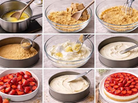 Schritt-für-Schritt Infografik: Zubereitung eines Biskuitbodens, Schichten der Creme und Ananasdeko