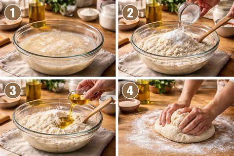 Schritt-für-Schritt-Foto: Rhabarberputzen, Teig zubereiten und Schichten des Kuchens