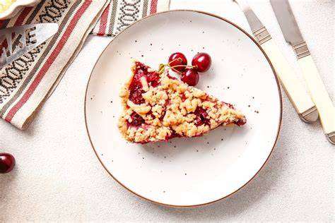 Schritt-für-Schritt-Fotocollage: Teig, Kirschen, Quark, Streusel, Backen