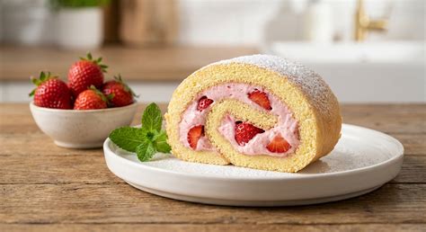 Schritt-für-Schritt-Infografik: Biskuitrolle im Thermomix - Biskuit, Erdbeercreme, Aufrollen
