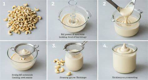 Schritt-für-Schritt-Infografik: Einweichen von Cashews und Mixen zur veganen Creme