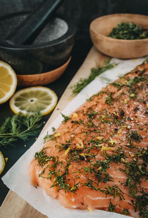 Schritt-für-Schritt-Infografik: Gravad Lachs mit Dill, Zucker, Salz, Pfeffer, Orange beizen