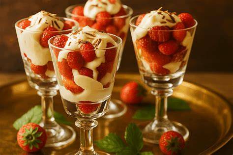 Schritt-für-Schritt-Infografik: Schichten von Creme, Erdbeeren, Schokolade