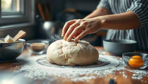 Schritt-für-Schritt-Infografik: Teigbereitung, Ruhezeit, Zucker einarbeiten, Backen im Eisen