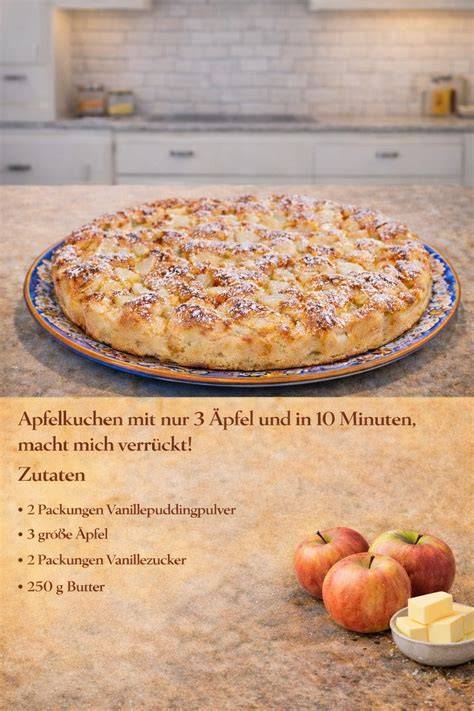 Schrittfolge: Äpfel vorbereiten, Teig rühren, Apfelkuchen belegen, Backzeiten