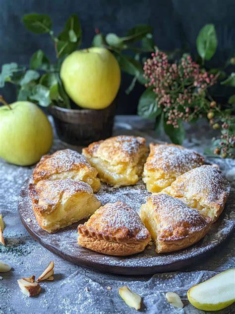 Schrittfolge: Apfel würfeln, Pudding anrühren, Teig einschneiden, Taschen schließen