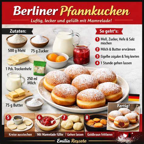 Schrittfolge als Grafik: Kneten, Ausrollen, Backen, Füllen, Bestäuben