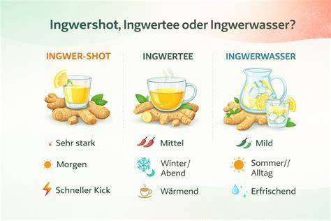 Schrittfolge als Infografik: Ingwertee, Sirup, Gießen, Bestäuben