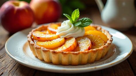 Schrittweise Anordnung von Pfirsichspalten auf Tarte mit Mandelmus
