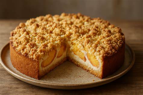 Schwarz-Rot-Gold-Streuselkuchen mit Pfirsichen