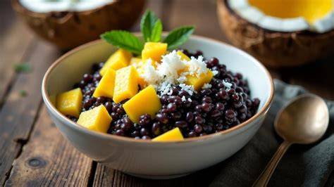 Schwarzer Klebreis in einer Schüssel, daneben frische Mangostücke und Kokosmilch