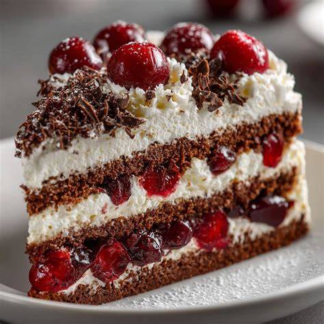 Schwarzwälder Kirschtorte aufgeschnitten, gefüllt mit Kirschen und Sahne, im Anschnitt