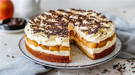 Schwedische Apfeltorte: Schichten (Biskuit, Äpfel, Sahne, Schokolade)