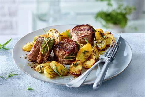Schweinefilet in Rosmarin-Honig-Marinade, angerichtet mit Bratkartoffeln