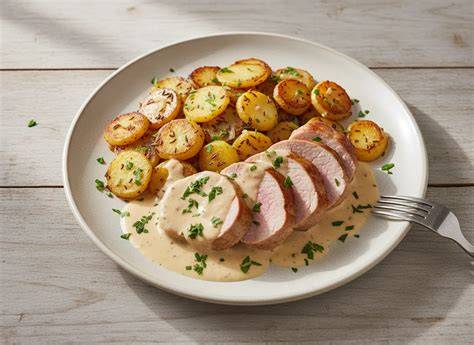 Schweinefilet in Scheiben mit Bratkartoffeln angerichtet