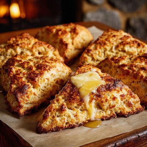Scones frisch gebacken auf einem rustikalen Holzbrett