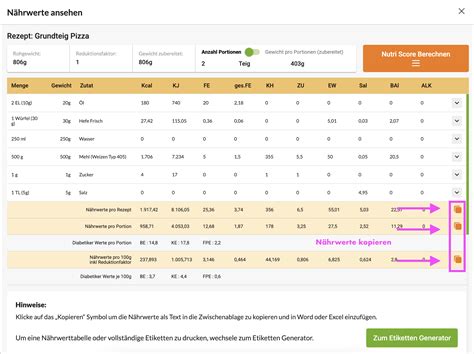 Screenshot Rezeptrechner: Nährwertberechnung