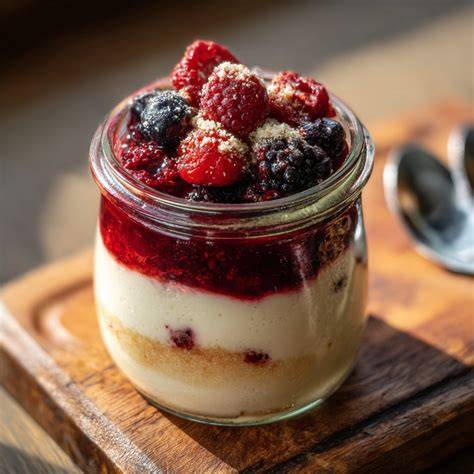 Sektcreme im Glas mit Biskuitrolle und Beeren