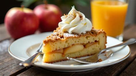 Semmelbröselkuchen serviert mit Schlagsahne