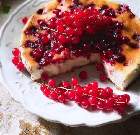 Servier-Tipp: Kuchenstück mit frischen Johannisbeeren garniert