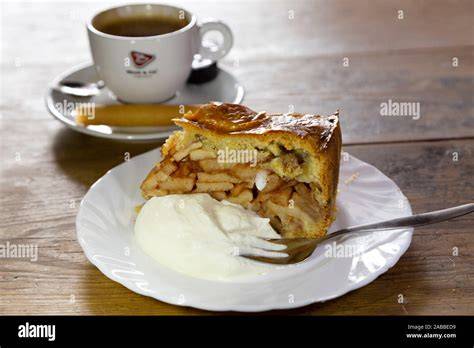 Servierfertiger russischer Apfelkuchen mit einer Tasse Kaffee