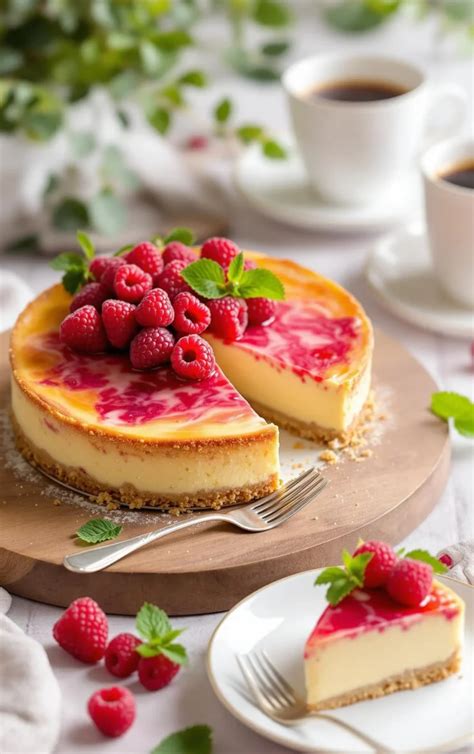 Servieridee: Stück Spekulatius-Käsekuchen mit frischen Himbeeren