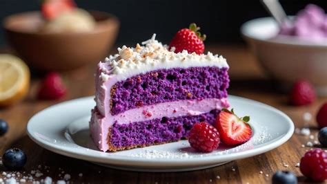 Servieridee: Ube Kuchen mit Puderzucker und Kokoschips