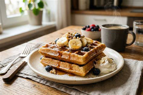 Servierideen: Bananenwaffeln mit Nüssen, Beeren und Ahornsirup