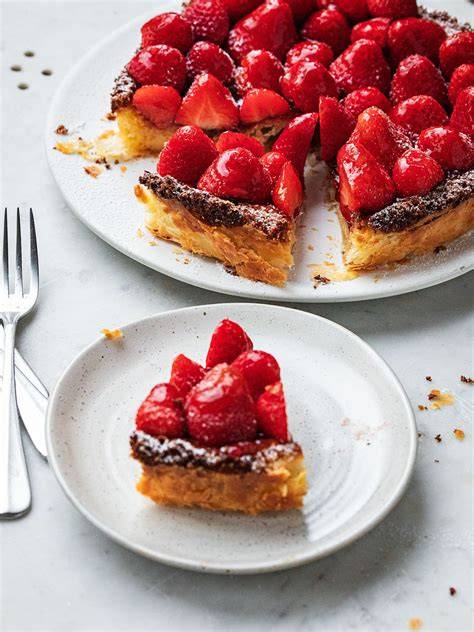 Servierte Erdbeertarte mit Deko, Cake Melts und Schokospäne