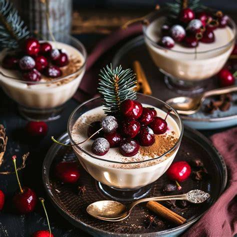 Servierte Lebkuchen-Panna-Cotta im Glas mit Glühweinkirschen und Lebkuchen-Crunch
