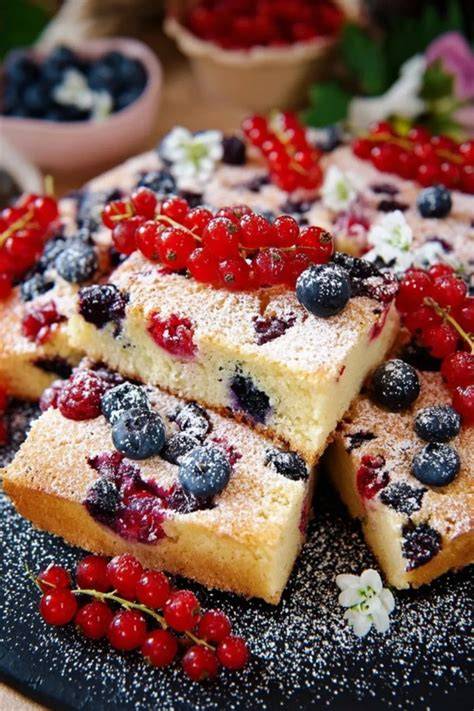 Servierte Quarkkuchenstücke mit Beeren