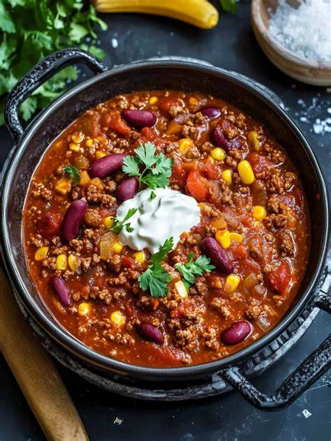 Serviertes Chili con Carne mit Schokolade und frischen Kräutern