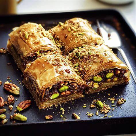 Serviertes Schokoladen-Baklava mit Pistazien