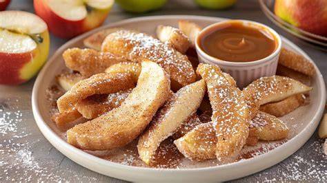 Serviervorschläge: Apfelpommes mit Vanilleeis und Karamellsoße