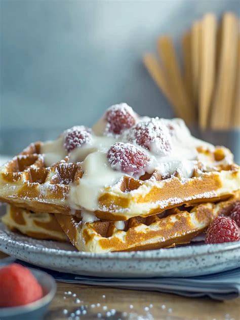 Serviervorschläge: Beeren, Vanilleeis und Vanillesoße auf belgischen Waffeln