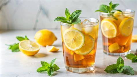 Serviervorschläge: Eistee im Glas mit Zitrone, Minze und Eis