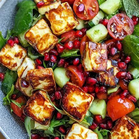 Serviervorschläge: Halloumi mit Salat, Hot Honey und Nüssen