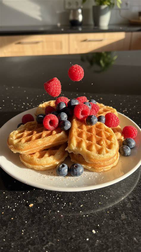 Serviervorschläge: Herzwaffeln mit Puderzucker, Beeren und Schokoladencreme