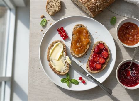 Serviervorschläge: Honigbrötchen aufgerissen mit Butter, Honig und Marmelade