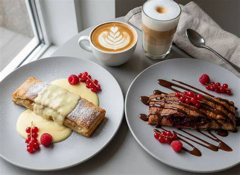 Serviervorschläge: Tassenkuchen mit Puderzucker, Vanillesauce, Kaffee daneben