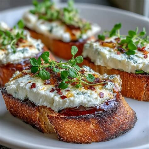 Serviervorschlag: Überbackener Ziegenkäse auf Baguette mit Kräutern