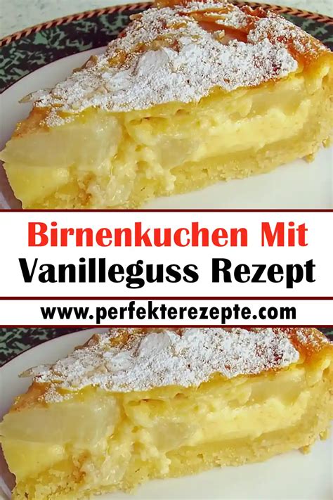 Serviervorschlag: Apfelkuchenstück mit Vanilleguss und Puderzucker