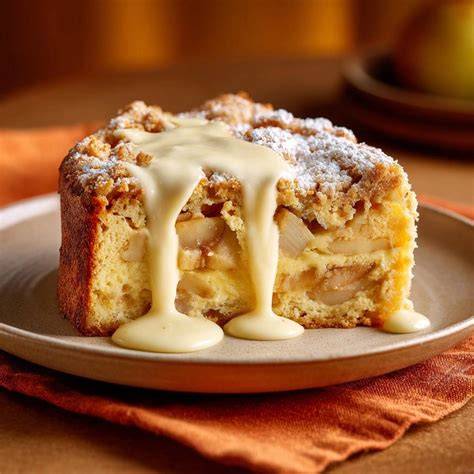 Serviervorschlag: Apfelstreuselkuchen lauwarm mit Vanillesauce auf Kuchentafel
