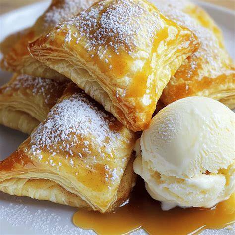 Serviervorschlag: Apfeltaschen mit Puderzucker und Vanilleeis