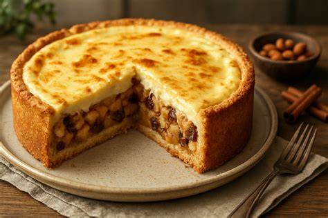 Serviervorschlag: Arme Ritter Torte mit Zimt-Zucker, Rosinen und Apfel