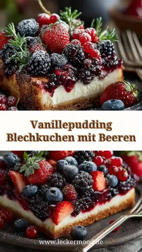 Serviervorschlag: Auflauf mit Butterkeksdeckel und Vanillepudding, mit Beeren garniert